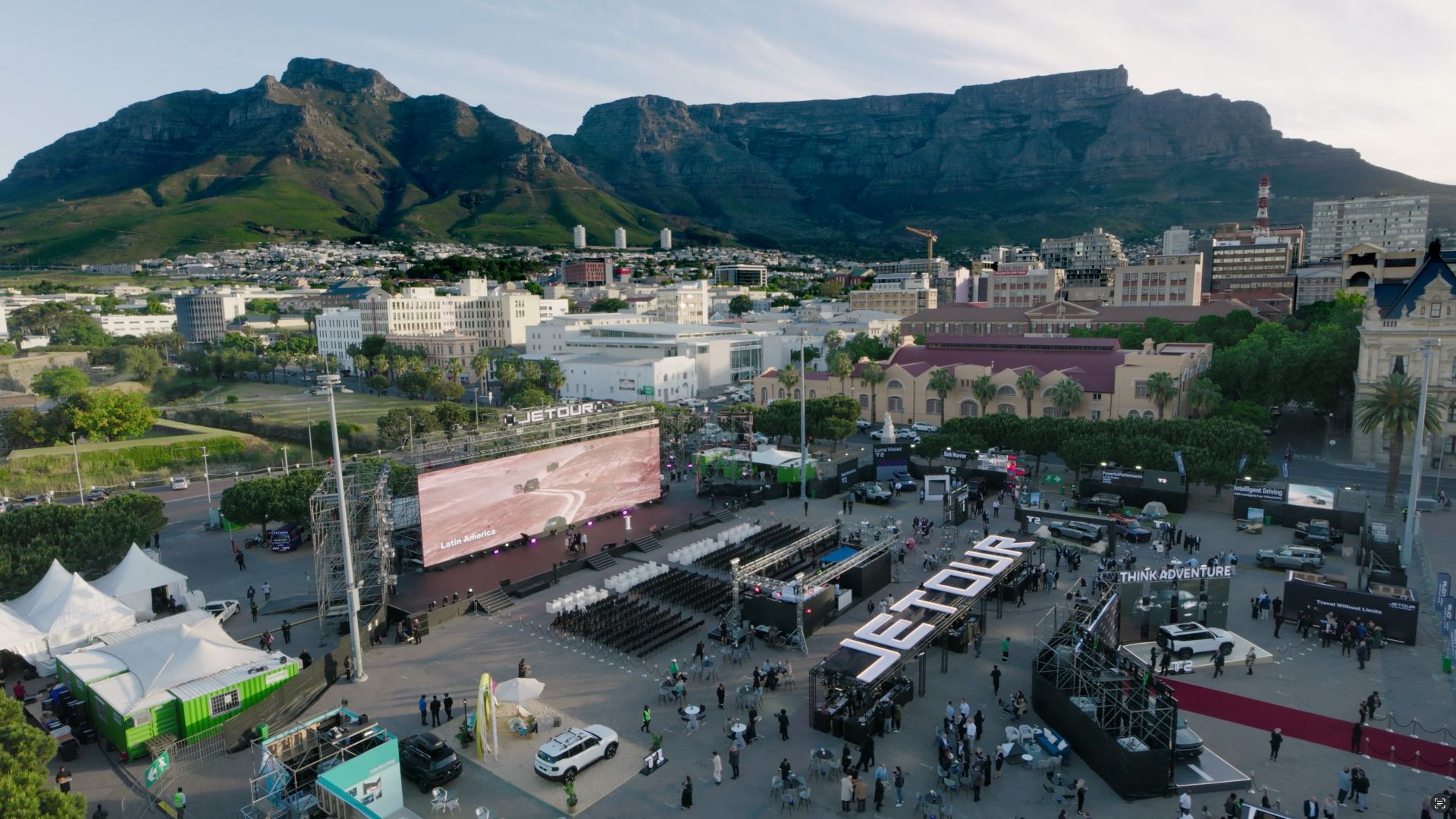 Aerial view of a large-scale live event production in Cape Town South Africa with Table Mountain in the background