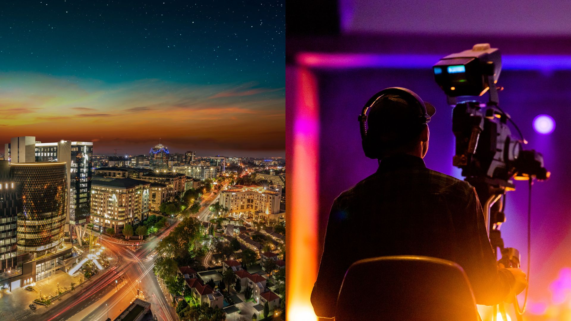 Johannesburg skyline at night alongside a broadcast camera operator at a live video production in South Africa